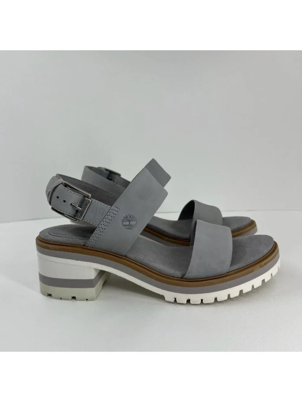 Timberland Violet Marsh 2-Band Sandals Womens 8.5 Nubuck Leather Block Heel Gray - Picture 1 of 13